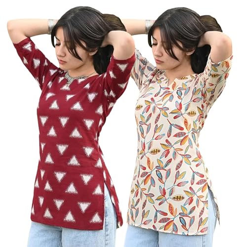 Image of Pinkmint Women's Cotton Blend Printed Short Kurti, Hip-Length Ethnic Tunic for Women, 3 /4 Sleeve Notch Neck, Casual, Office (Available in Plus Sizes & Combo Pack 2)