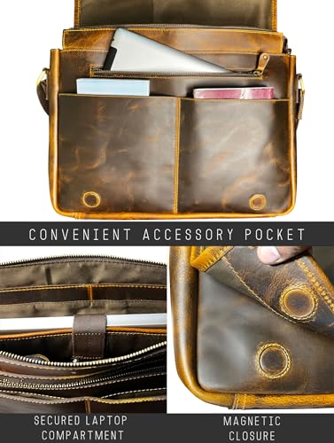 RUSTIC TOWN Leather Messenger Bag for Men Women - Full Grain Leather Laptop Satchel Office Shoulder Bag (16-Inch, Brown) - Thumbnail 5