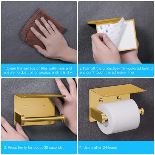 VAEHOLD Self Adhesive Toilet Paper Holder with Phone Shelf Stainless Steel Wall Mounted Toilet Paper Roll Holder - Rustproof and Bathroom Washroom Tissue Roll Holder with Storage Shelf - Gold - Thumbnail 7