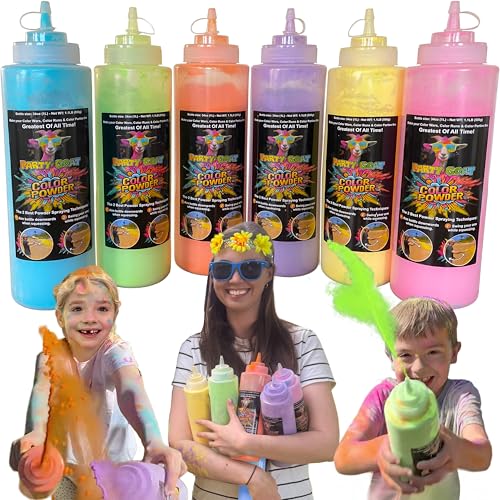 PARTY GOAT Color Run Powder Squeeze Bottles. Extra Large 34oz Color Blasters. Holi Powder for Colored Wars Parties & Summer Camps. 1.1lb Each Pack of 6