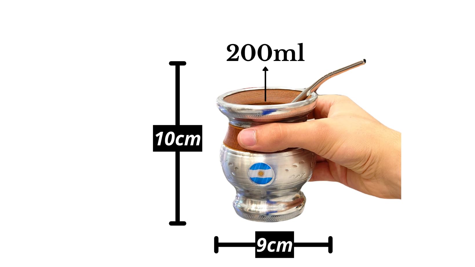 Mat argentin classique, fabriqué à la main en bois de caroube naturel avec revêtement en acier inoxydable, mat avec ampoule, Gourd Mate Cup