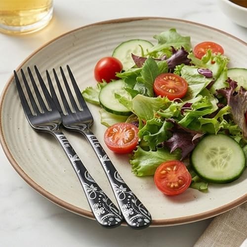 Image of 6.7 inch Charcoal Black Salad Forks with Floral Printed Handle | Set of 5 Durable Stainless Steel Fruit Forks | Mirror Polished Silverware for Home, Restaurants, and Gift Giving