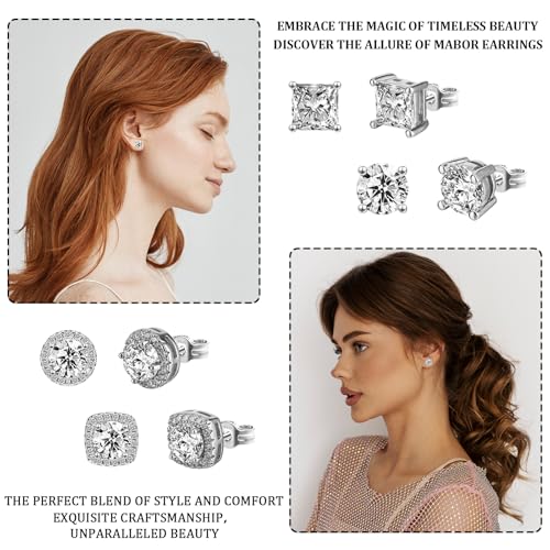 Cubic Zirconia Earrings Studs, 4 Pairs Small Square Woman Mens Stud,Anti Sensitive Water Drop Shape,Square Round Earrings4