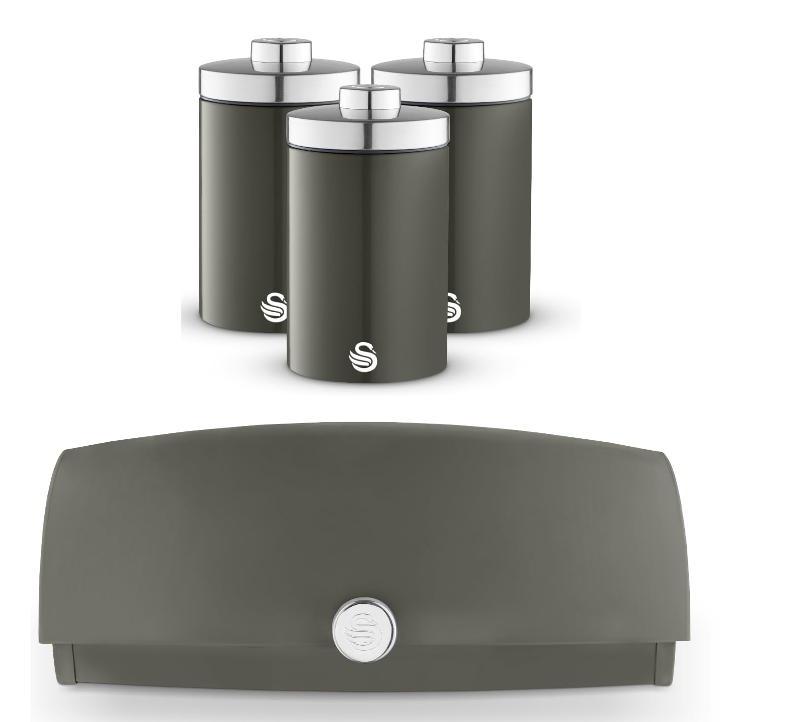Swan Graphite Grey Townhouse Grey Bread Bin And Tea, Coffee & Sugar Canisters Set – Retro Kitchen Storage Set – Bread Bin And Matching Canisters In