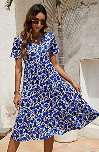 Image of Berydress Women's Casual Summer Tiered Midi Dress 2026 V Neck Boho Sundress | Short Sleeve Dresses for Women, Loose Ruffle Babydoll Style, Cotton Blend Fabric, for Church, Going Out, Beach Vacation