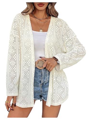 OYOANGLE Women's Crochet Cardigan Long Sleeve Open Front Lightweight Sweater Outerwear