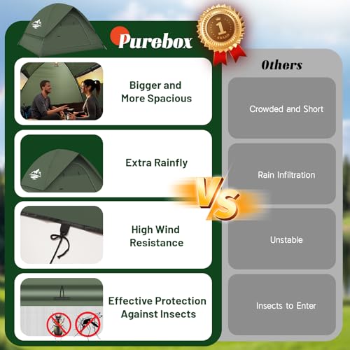 Purebox Tents for Camping 3-4 Person with Rainfly, Camping Tents Waterproof Windproof, Not Crowded for 2 Person Camping Tent, Outdoor Dome Tent Easy Setup, Backpacking Tent for Adventure Backyard QBT00062US の商品画像 5