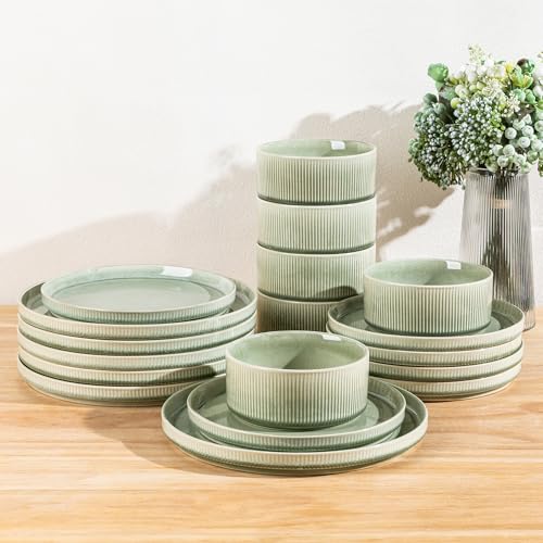 Image of GBHOME Stoneware Dinnerware Sets for 8,Round Reactive Glaze Ceramic Plates and Bowls Set,Highly Scratch Resistant | Dishwasher & Microwave Safe Dishes Set,Service for 8(24pcs),Olive Green