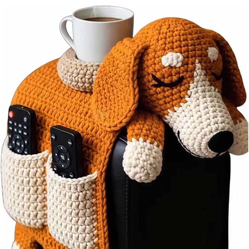 gifskiu Crochet Cat Sofa Arm Organizer, Crochet Dog Arm Remote Control Cup Storage with 2 Pockets and 1 Mug Holder Cute Pet Couch Chair Rest Armrest Armchair Caddy with Pockets(B)