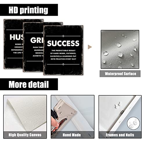 Framed Canvas Inspirational Quotes Wall Art, Hustle Grind Success Wall Art Set, Black Large Poster, Motivational Posters For Office, For Home Office Workplace, (12"X16", Set Of 3, Frame) #TOP4