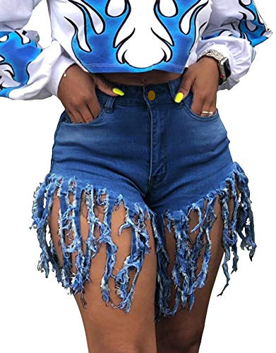 Laiyivic Jean Shorts For Women High Waisted Frayed Raw Hem Ripped Denim Shorts Juniors X-Large Blue #TOP1