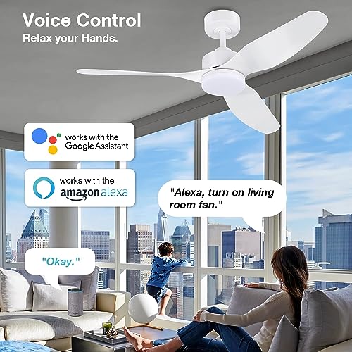 Image of Hoenofly 48 Inch Smart Ceiling Fans with Lights Remote Control,Dimmable LED Light,Outdoor Indoor Modern Ceiling Fan,Quiet DC Motor,WIFI Alexa App Workable,Matte White for Bedroom Living Room Patio