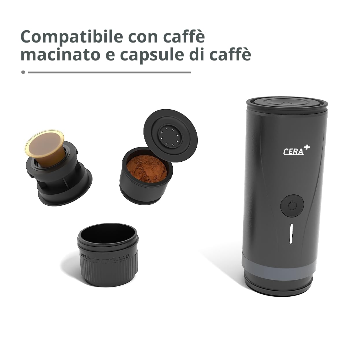 CERA+ Macchina per caffè espresso portatile elettrica con auto-riscaldamento in 3-4 minuti, mini macchina per il caffè da 20 bar con batteria ricaricabile. Compatibile con capsule NS e macinato