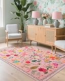 Boho Washable Area Rug 4x6 – Floral Low Pile Non-Slip Carpet for Living Room, Bedroom, Office, Playroom, Entryway, Kitchen, Dining Room (Pink)