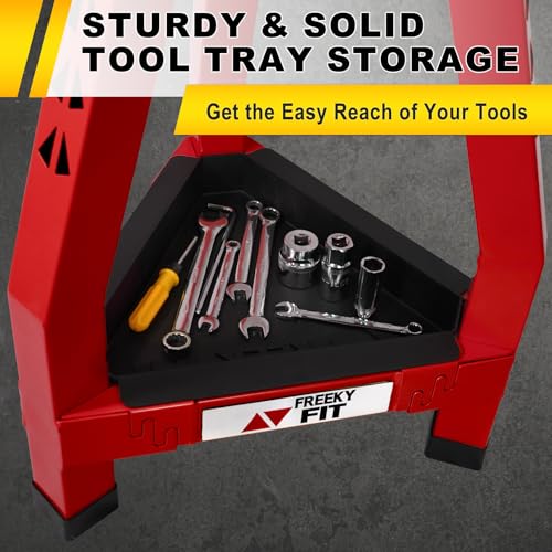 Image of Adjustable Tall Shop Stool, Mechanic Garage Bar Stool Chair, Work Metal Chair for Workshop,360 Swivel Padded Seat, Tool Tray Storage, 350 LBS Capacity, Heavy Duty, Red