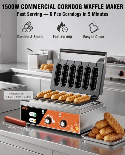 Image of PYY Corn Dog Waffle Maker - 6PcsCommercial Waffle Stick Maker Non-stick Stainless Steel Hotdog Waffle Maker Machine 572 ℉ Temperature and 5 Mins Timer for Food Truck, Bakery, Snack Bars 1500W
