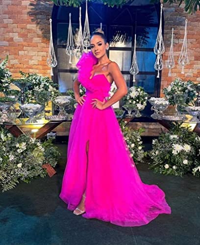 One Shoulder Tulle Prom Dresses Long Bridesmaid Dresses for Women Wedding Formal Evening Party Dress with Slit2