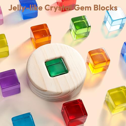 Image of Woodtoe Large Rainbow Gem Blocks, 16 PCS Stacking Blocks for Toddlers 1-3 | Includes 3 Wooden Shapes, Montessori Sensory Toy, Creative Acrylic Blocks, No Choking Hazard, Birthday Gift for 1 2 3 Years