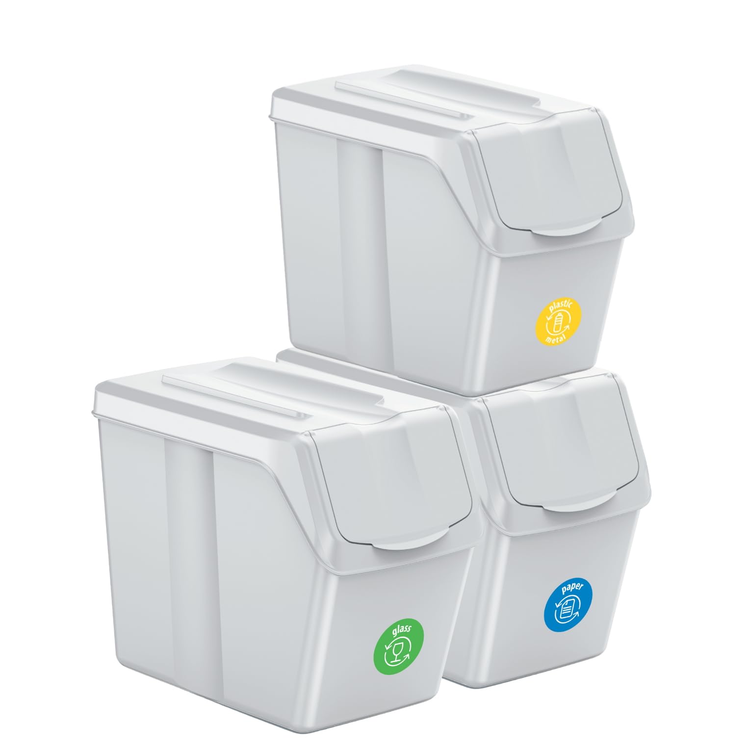 Sorting Bins Recycling Segregation Waste Set Stackable Lidded White bin 20L or 25L with Labels Stickers (3x 20L)