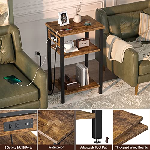 Cyclysio End Table Set Of 2 With Charging Station, 3 Tier Small Nightstand With Storage Shelf, Slim Side Table With Usb Ports & Outlets, Modern Sofa Bedside Table For Bedroom, Living Room,Rustic Brown #TOP3