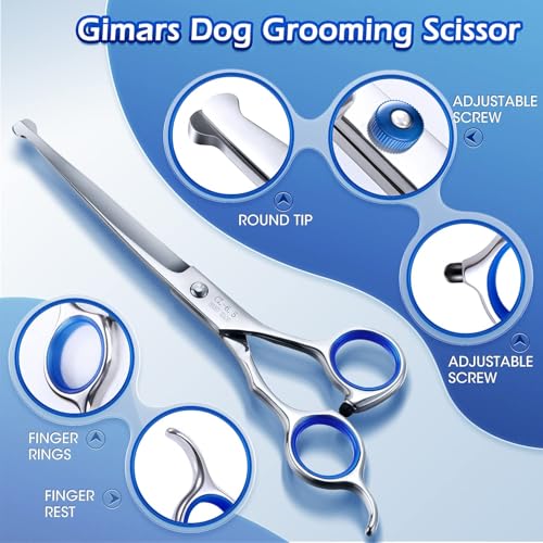 Image of Gimars Professional 5 in 1 Grooming Scissors for Dogs 4CR with Safety Round Tip, Heavy Duty Titanium Coated Straight & Thinning & Curved Shears