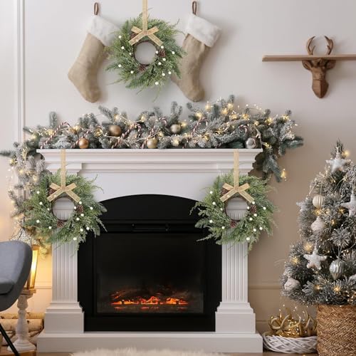 Image of 18 PCS Christmas Wreath Candle Rings Mini Wreath Pine Garland Artificial Frosted Cedar and Pine Cone Candle Rings Holder for Christmas Wedding Home Table Centerpiece Door Window Chair Wall