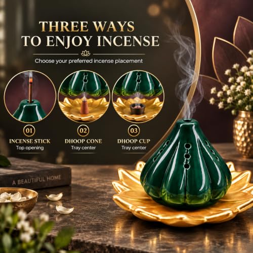 Image of SIGNAMIO Ceramic Sambrani Dhoop Doopam Dhupam Stand Holder -Gold Dark Green