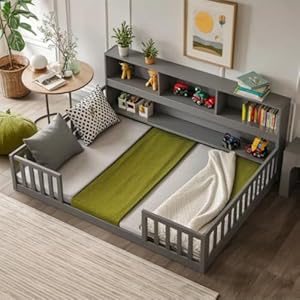 Fullmontessorifloorbedwithbedsidebookcaseshelvesforgirlsboysfullsizefloorbedwsafetyguardrailsforgirlsboysnoboxspringneededgrey Urban Country Home Decor Full montessori floor bed with bedside bookcase shelves for girls boysfull size floor bed wsafety guardrails for girlsboysno box spring needed grey urban country home decor