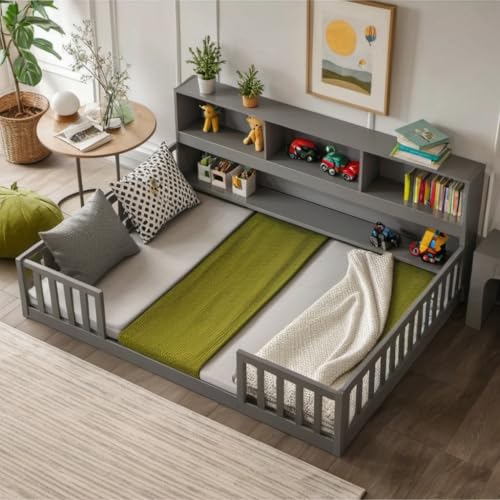 Fullmontessorifloorbedwithbedsidebookcaseshelvesforgirlsboysfullsizefloorbedwsafetyguardrailsforgirlsboysnoboxspringneededgrey Urban Country Home Decor Full montessori floor bed with bedside bookcase shelves for girls boysfull size floor bed wsafety guardrails for girlsboysno box spring needed grey urban country home decor