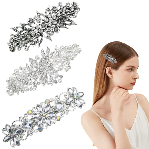 3 Pcs Large Diamante Flower Silver Leafy Barrette Vintage Antique Style Hair Clip Flower Crystal Pearl Barrette Hair Accessories For Women #TOP7
