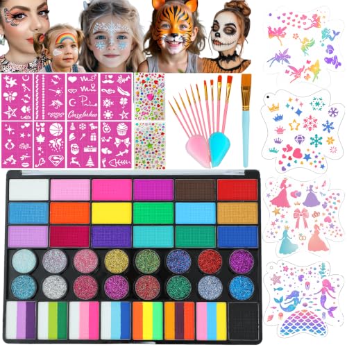 Image of Face Painting Kit , 42 Colors Professional Face Paint Makeup Kit Non-Toxic Water Activated Facepaint Palette with Brush, Stencil, Sponge, Gem, for Party Halloween (42 Colors kit for Girls)