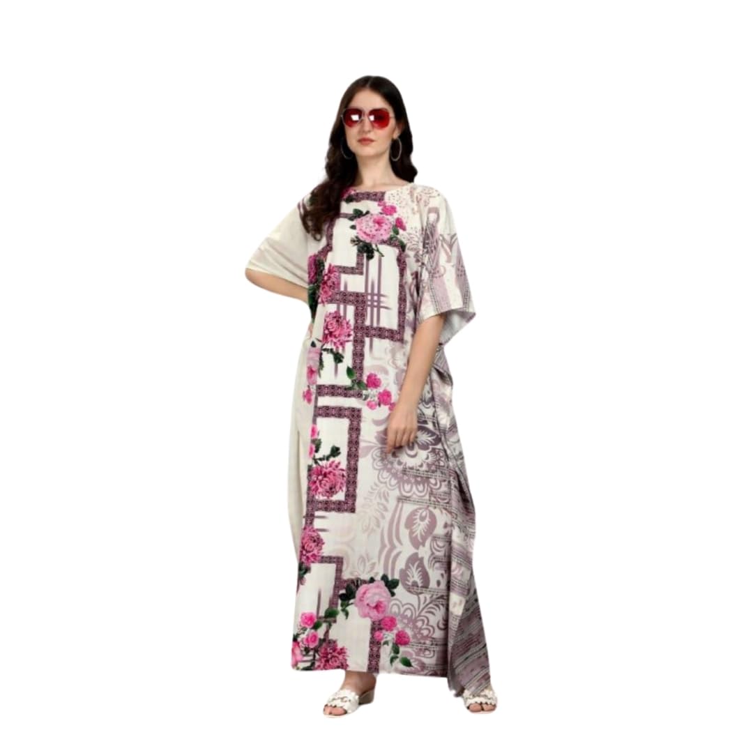 Ethnic Designer Printed Kaftan Dresses for Women – Stylish, Modest, Loose Fit, Free-Size Long Maxi for Casual, Holiday & Beachwear white Color-image-41