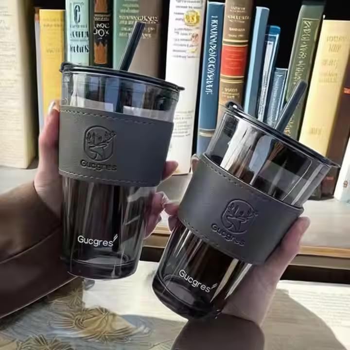Image of Coffee Mug with Straw & Lid - Multipurpose Mason Jar Style Can Sipper for Green Tea, Milk, Juice, Smoothies & More - Reusable Drinking Cup for Home & Office (Black Leather.)