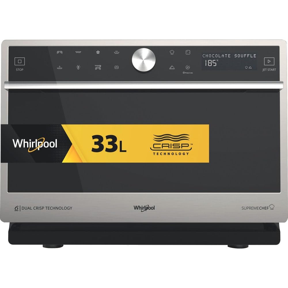 WHIRLPOOL MWSC 9133 SX - Forno Microonde Combinato, 33L, 1000W, 7 Livelli Potenza, Grill, Vapore, Crisp, Ventilato - Tecnologia Cottura Ottimale Automatica, Elettrodomestici Cucina - 49L x 37,​3H x 54P