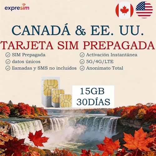 Tarjeta SIM para USA, Hawái y Canadá | Solo Datos Prepago | Alta Velocidad 5G/4G/LTE | 15GB por 30 Días | Sin Contrato y Sin Registro Requerido | Activación Instantánea
