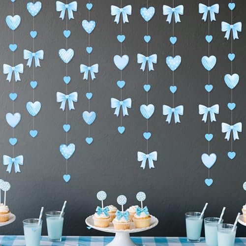 Image of Blue Bow Decorations Blue Plaid Twill Polka Dot Bow Heart Hanging Streamer Garland Banner for Baby Shower Birthday Wedding Bridal Shower Bachelorette Coquette Anniversary Party Decorations Supplies