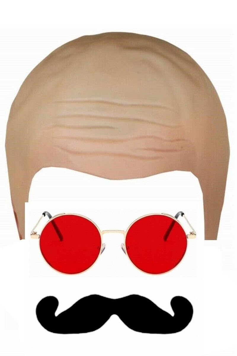 Charles Bronson Prisoner Fancy Dress Set includes Bald Cap Glasses & Moustache