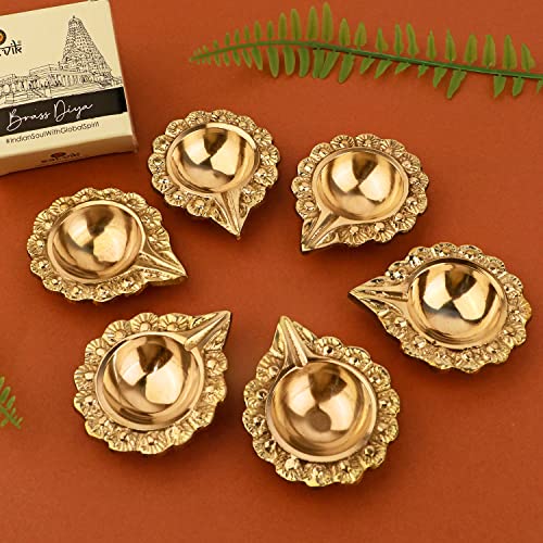 Image of Satvik 10 Pc Brass Kuber Diya Engraved Floral Design Pooja Diwali Home Mandir Decor Oil lamp Kutthu Vilakku Nilakku Lakshmi Pujan Deepak Deepam Tea Light Holder Indian Housewarming Return Gift Item