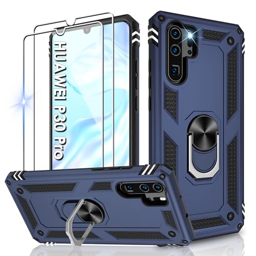 Jshru Handyhülle für Huawei P30 Pro Hülle Militärische Stoßsichere Schutzhülle mit Bildschirmschutzfolie,360° Metall Ring Ständer TPU Bumper Aufprallschutz Hülle für Huawei P30 Pro,Blue