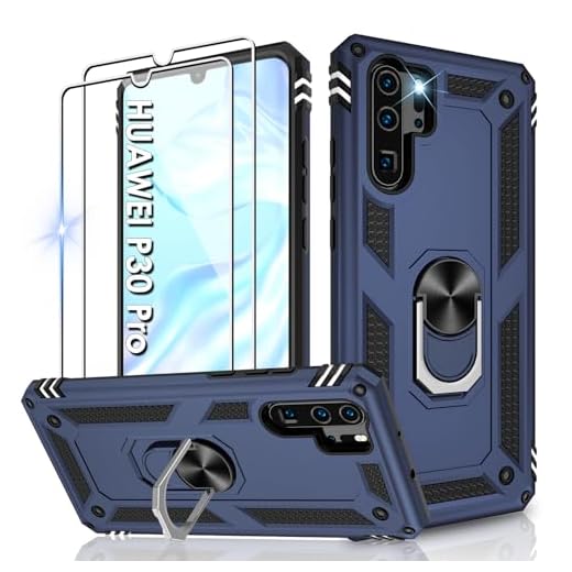 Jshru Handyhülle für Huawei P30 Pro Hülle Militärische Stoßsichere Schutzhülle mit Displayschutzfolie,360° Metall Ring Ständer TPU Bumper Aufprallschutz Case für Huawei P30 Pro,Blue