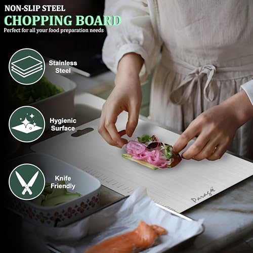 Image of Parage Stainless Steel Medium Chopping Board 31 x 21 CM | Non Porous Kitchen Cutting Board for Home Use for Meat Fish Vegetables Fruits Bread | Anti Bacterial Odor Resistant Rust Free Heavy Duty