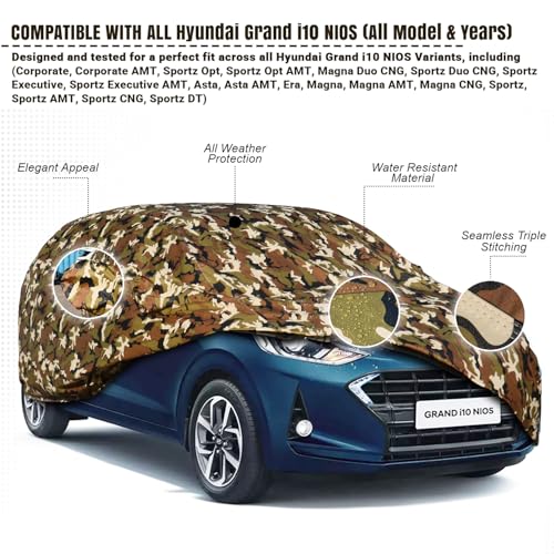 Image of Pivalo Car Body Cover for Grand i10 Nios All Model & Years (2019-2025) 100% Waterproof with Mirror Pockets, Triple Stitched Dustproof Heat Resistant UV Protection (Military /Jungle /Camouflage)