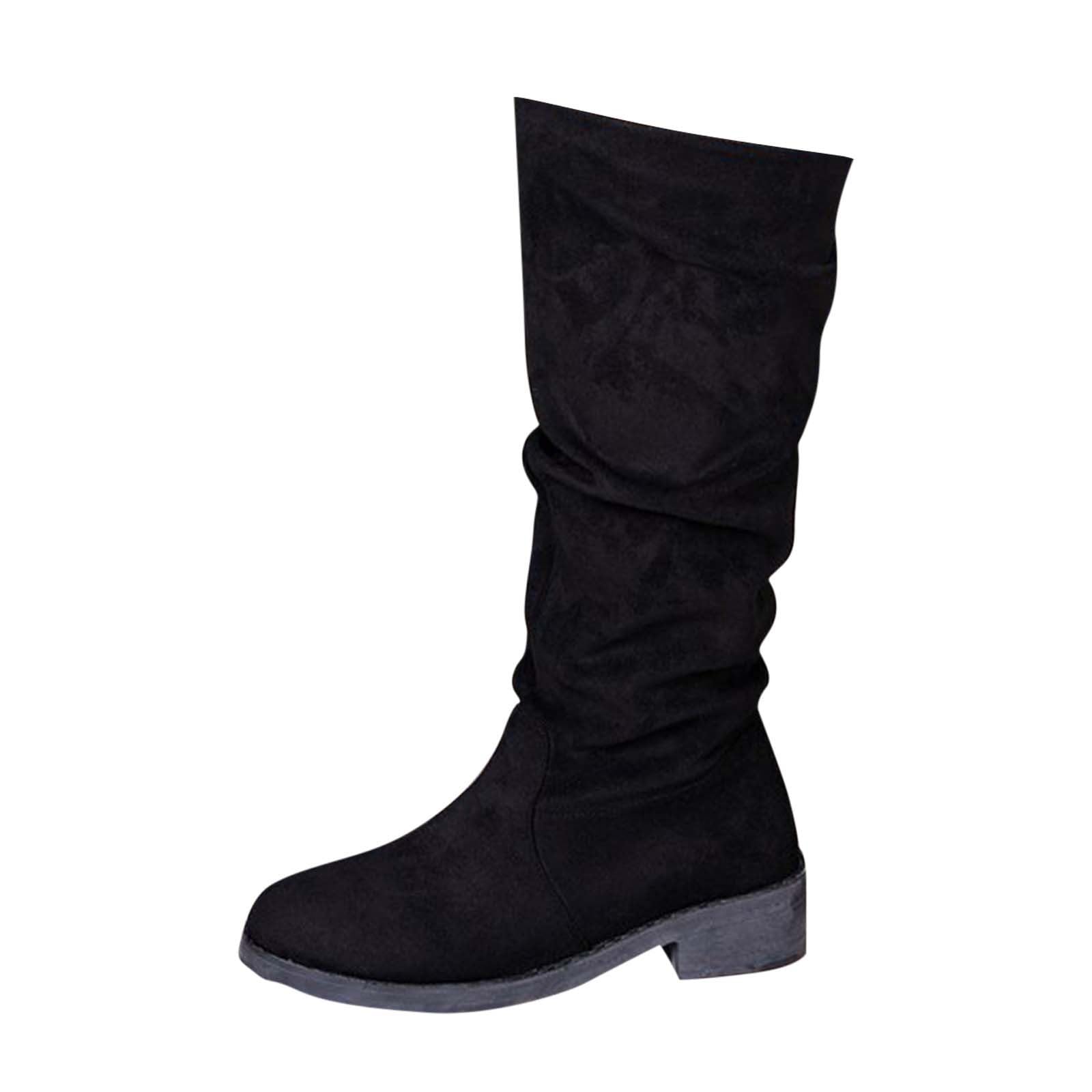 Womens Knee High Slouch Boots Suede Flat Heel Winter Boot Casual Fashion Riding Style Mid Calf Bootie