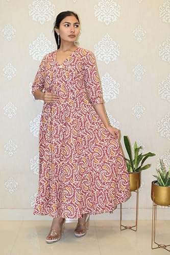 Image of JAIPUR HAND BLOCK Cotton Sleeveless Long Flared A Line Dress|Gown (S00063)