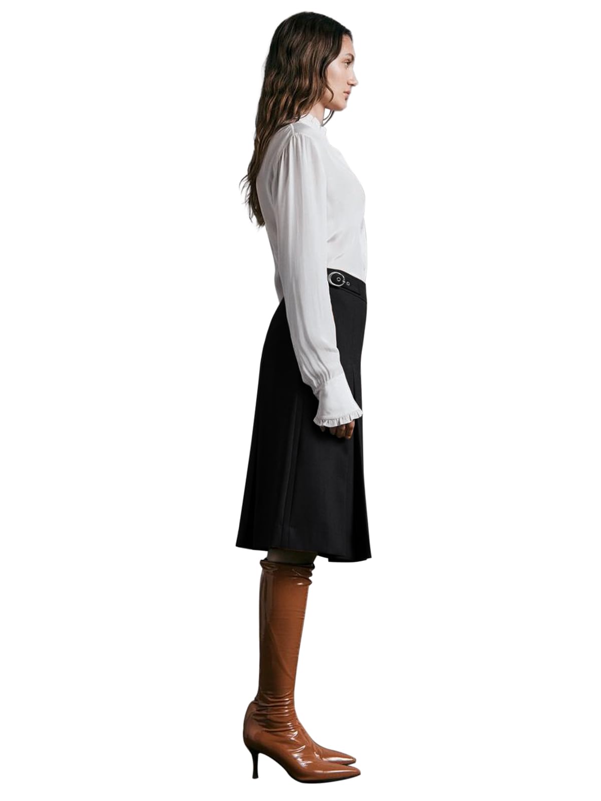 REORIA Damen Knielanger Rock Dicker Faltenrock Hohe Taille Midi Rock Elegant Volltonfarben Röcke