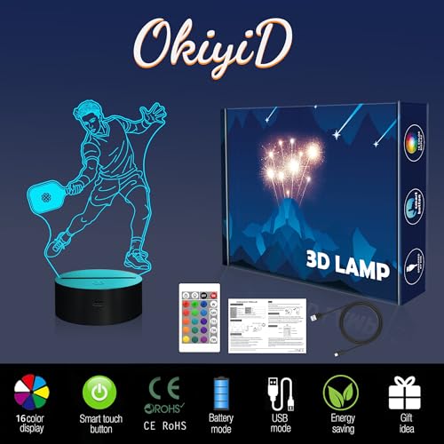 Image of OkiyiD Pickleball Gifts for Men Boys Pickleball Players, Pickleball 3D Night Light Illusion Lamp with 16 Colors Remote Controller, Pickelball Room Decor for Boys Men