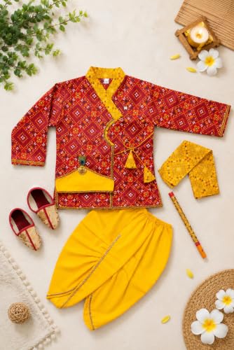Image of Boys Krishna Costume Kurta Dhoti Set, Yellow Bandhani Print