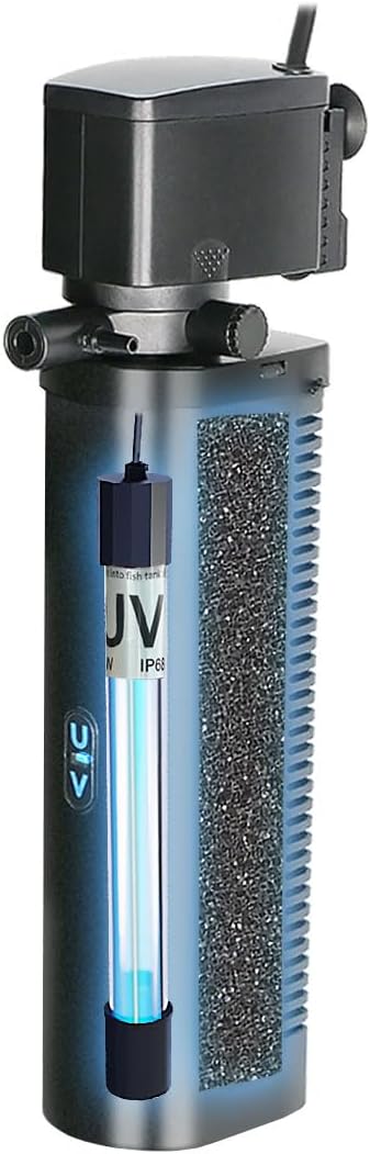 COOSPIDER Aquarium Filter 200GPH U-V Fish Tank Green Clean Machine for 20-100 Gal Tank, Submersible Pump Filter for Green Water, Internal Filtration System for Saltwater Freshwater Crystal Clear