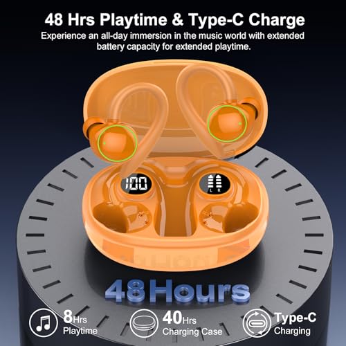 Image of Wireless Earbuds, Bluetooth 5.4 Headphones Sport, Over Ear Buds With ENC Noise Cancelling Mic, 48H, Wireless Earphone With Earhooks, Stereo Deep Bass, IP7 Waterproof for Workout Running, Orange