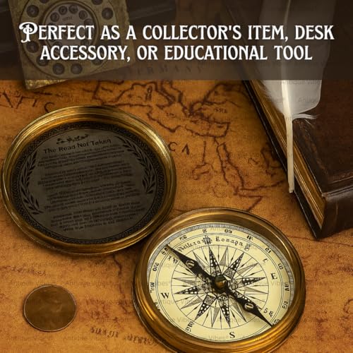 Brújula de latón estilo vintage Antique Vibes con poema de Robert Frost, herramienta de navegación para senderismo y supervivencia, coleccionable artesanal miniatura 6